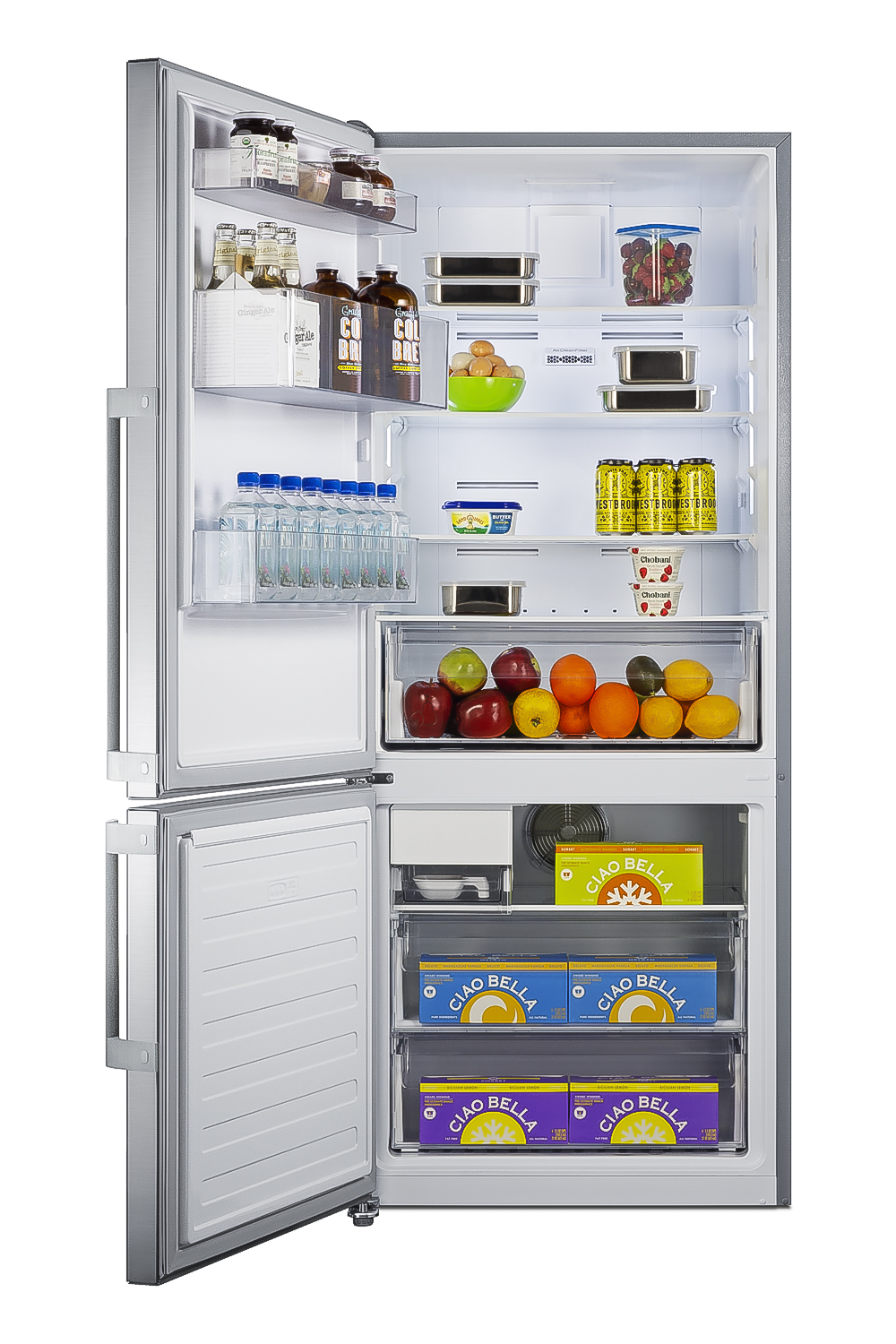 Frost-free ENERGY STAR certified bottom freezer refrigerator with icemaker in stainless steel